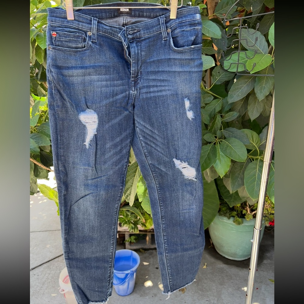 Hudson distressed raw hem ankle jeans dark wash